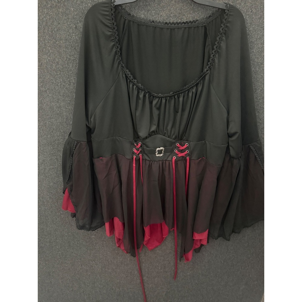 Womens 4XL Black Burgundy Gothic Renaissance Corset Lace Up Bell Sleeve top